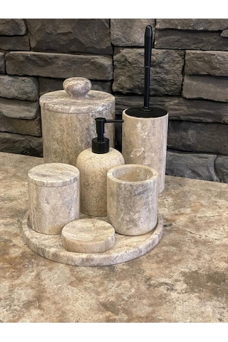 Yeni Silver Gümüş Traverten 7'li Banyo Seti Çöp Kovası Kendinden Tutmalı Kulp Beyaz