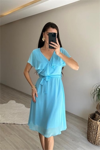 Neşeli Butik Kadın V Yaka Kuşaklı Mini Şifon Elbise Nm007 Bebe Mavisi
