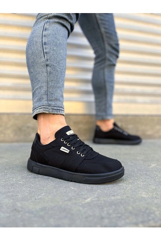 Mevese Camden Bağcıklı Keten Kumaş Erkek Günlük Sneaker Ayakkabı Siyah