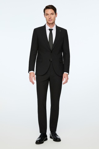 Morven Erkek Siyah Poliviskon Basic Düz Slim Fit Sivri Yaka Takım Elbise 26mc001061001 Siyah