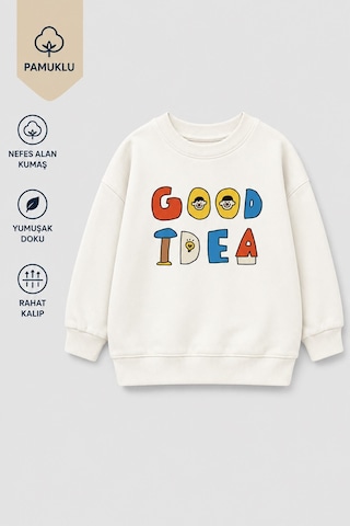 Monila Unisex Çocuk 3 İplik Kumaş Slogan Baskılı Pamuklu Sweatshirt Ekru
