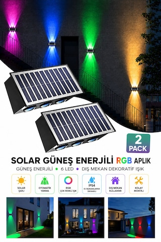 2 Adet Güneş Enerjili Rgb Solar Aplik 6 Led, Renkli Işıklı Otomatik Yanan Dış Mekan Duvar Lambası, Bahçe Balkon Teras Aydınlatması