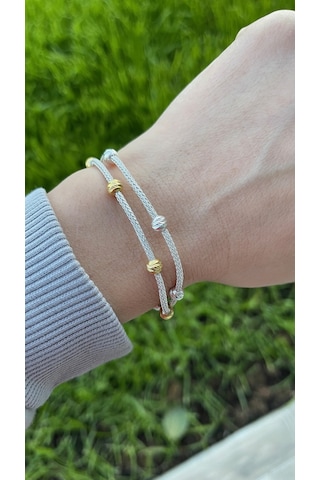 Kazzaze Dorika Boncuk Detaylı İki Zincirli Gümüş Bileklik BIL082