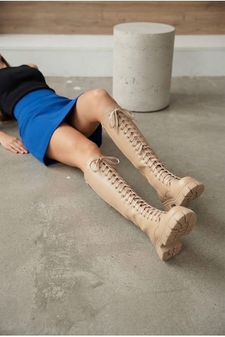 Shoetek Yorsa Kadın Çizme Fermuratli Bağcıklı Nude Deri Diğer