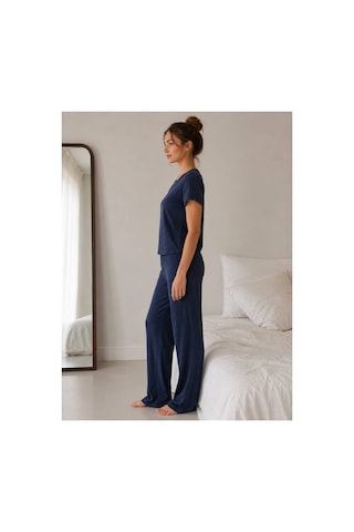 Pijamask Kadın Lacivert Kısa Kollu Uzun Pantolonlu Pijama Takımı Rahat Ev Giyim Uyku Takımı Lacivert
