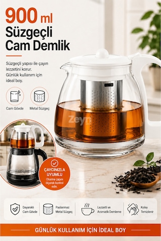 900 Ml Süzgeçli Cam Demlik Paslanmaz Çelik Filtreli, Beyaz Kapak Ve Kulplu Çay Demleme Demliği