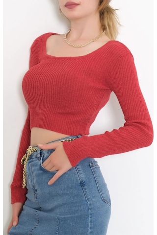 Bigümex Kare Yaka Uzun Kollu Crop Bluz, Parmak Geçmeli Kırmızı