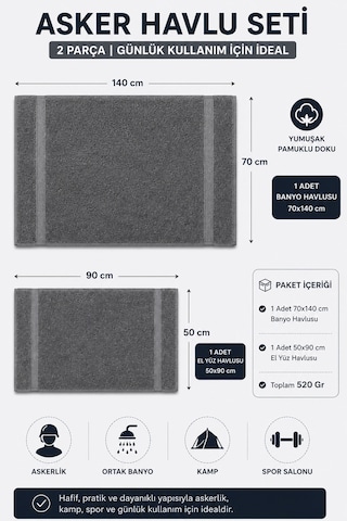 2 Parça Asker Banyo Havlu Seti 70x140 + 50x90 Cm Atlas Antrasit