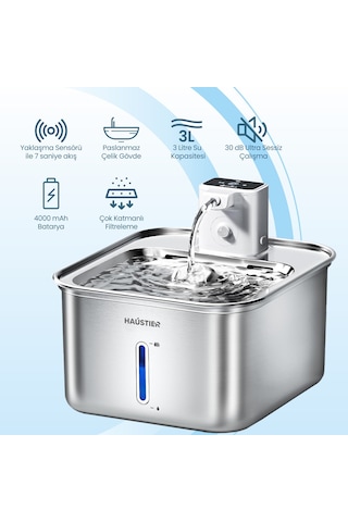 Haustier Wf08 Otomatik Kablosuz Kedi Su Pınarı, Sensörlü , Bataryalı , Ultra Sessiz, Çelik , 3lt Hazne