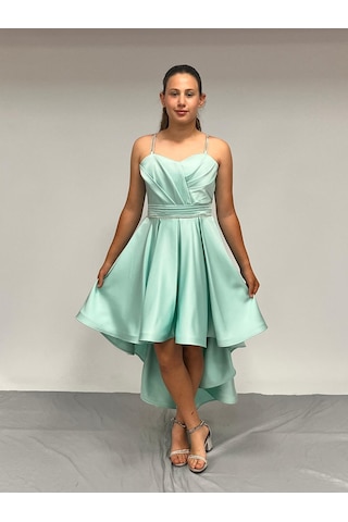 Butikhappykids Kız Çocuk Abiye Mintyeşili Taş Kordon Askılı Kalp Yaka Mat Saten Kuyruklu Abiye Elbise 10-15 Yaş Mint Yeşili