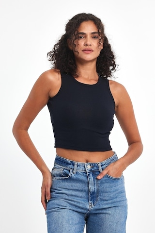 Comeor Kadın Siyah-beyaz Fitilli Görünümlü Askılı Kalın Esnek Örme 2'li Basic Crop Atlet Bluz Cmrb93 001