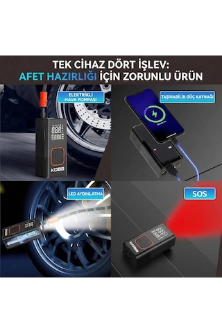 Kobb Kb412 Li-ion Şarjlı 150 Psı Dijital Göstergeli Akıllı Lastik Şişirme Pompası+ Powerbank + Sos +