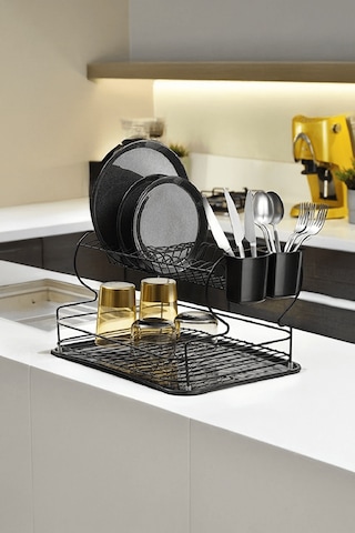 Siyah 2 Katlı Bulaşıklık – Dayanıklı Paslanmaz Metal Tabaklık, Termo Plastik Kaplama, Alt Tepsili - (TB-02 E)