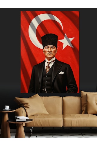 Ahşap Tablo Bayrak Önünde Atatürk Resmi