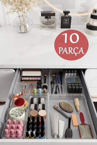 10 Parça Şeffaf Çekmece İçi Düzenleyici - Banyo Makyaj Ve Takı Organizer Mega Set Şeffaf