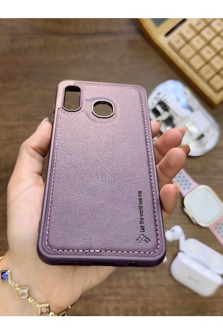 Samsung Galaxy A20 / A30 Uyumlu Premium Deri Dokulu Darbelere Karşı Dayanıklı Nazal Silikon Kılıf Mor