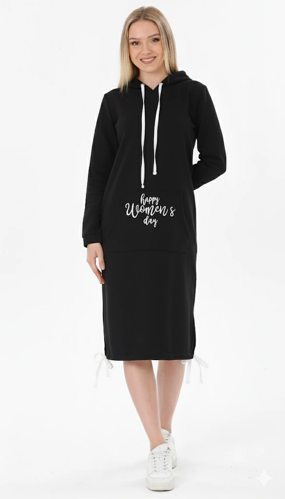 Kadın Uzun Boy Happy Women's Day Yazılı Siyah Kapüşonlu Cepli Elbise Siyah