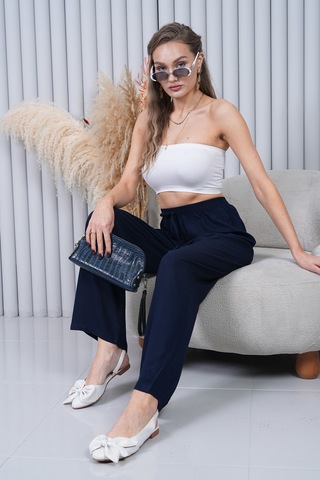 Polologin Butik Beli Bağcıklı Yüksek Bel Bol Paça Lacivert Pantolon Turkuaz
