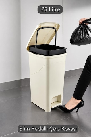 Omnipazar Srl-3029 Slim Pedallı Plastik Çöp Kovası İç Kovalı 25 Litre Bej
