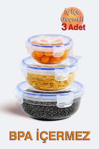 Lock&fresh Contalı Yuvarlak Saklama Kabı 400, 800, 1350ml Üçlü Set Mavi