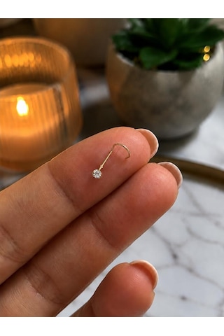 925 Ayar Gümüş Beyaz Taşlı Burun Hızması Piercing Minimal L Şekilli Unisex Nose Stud Gri