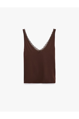 Koton V Yaka Dantel Detaylı Viskon Askılı Pijama Üstü Koyu Kahverengi 6slk90009mk Koyu Kahve