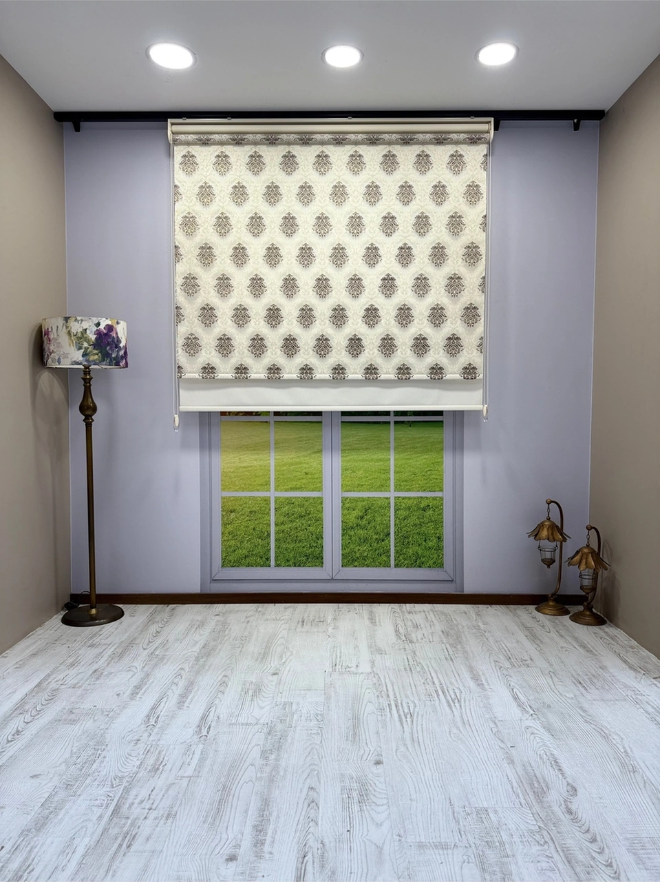 Kahverengi Damask Desenli Çift Mekanizmalı Tül Ve Stor Perde - Simli Kumaş, Simli Stor Perde Kahverengi