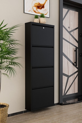 Kilitli 4 Kapaklı Metal Ayakkabılık Siyah Siyah