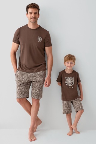 Arnetta Premium Erkek Çocuk Tiger %100 Pamuk Rahat Kısa Kollu Şortlu Baba-oğul Pijama Takım Kahverengi