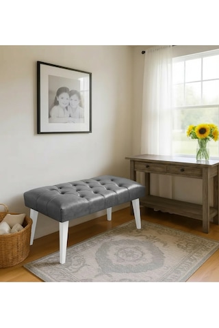 Waterybrook Bench Bank Puf - Suni Deri - Beyaz Ahşap Ayaklı - Retro Modern Tasarım & Dekoratif Sehpa Gri