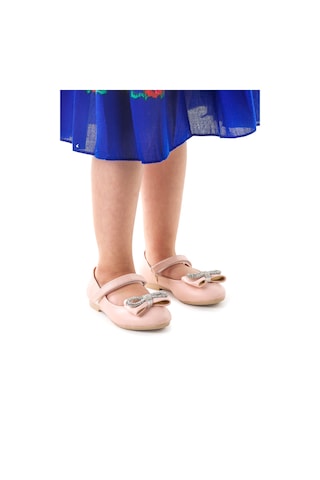 Kiko Kids Papyon Taşlı Cırtlı Kız Çocuk Babet Ayakkabı 254 Cilt Pudra