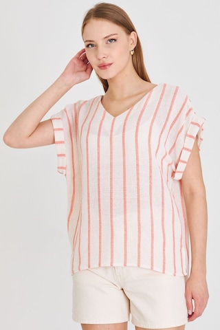 Armonika Kadın Turuncu V Yaka Yanları Yırtmaçlı Arkası Uzun Duble Kol Detaylı Oversize Bluz Arm-25y001056