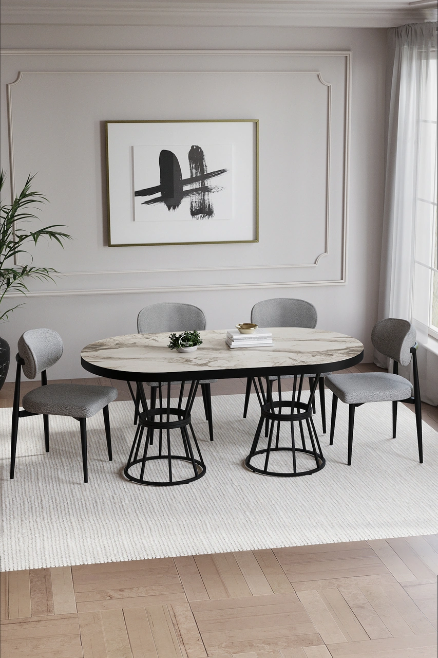 Bohem Polo Mutfak Masası Takımı 4 Sandalyeli Siyah Gri