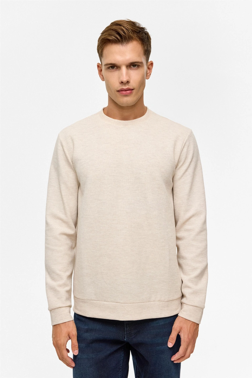 Süvari Bej Regular Düz Bisiklet Yaka Sweatshirt-38782 Bej