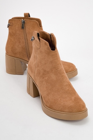 Luvishoes Luvi Shoes Mier Taba Süet Zincir Detaylı Kadın Kalın Topuklu Bot Taba Süet