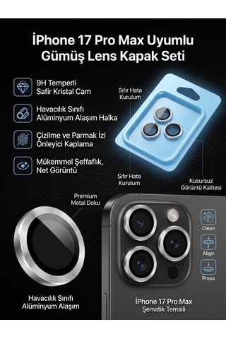 Apple iPhone 17 Pro Max Uyumlu Kamera Koruyucu Lens Gümüş