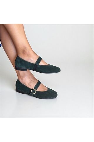 Ne&ve Shoes Koyu Yeşil Süet Hakiki Deri Yuvarlak Burunlu Tokalı Kadın Babet