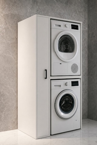Rudu Sera Çamaşır Ve Kurutma Makinesi Dolabı, Banyo Dolabı 92x65x184 Cm 1 Kapaklı 5 Raflı-beyaz