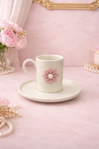 2 Kişilik Beyaz Porselen İnci Lotus Figürlü Kahve Fincan Takımı Seti 100ml