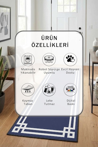 Çerçeve Klasik Zemin Lacivert Beyaz Yıkanabilir Yolluk