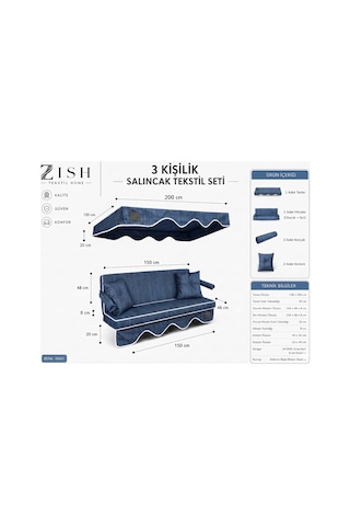 Zishome 3 Kişilik Bahçe Balkon Salıncağı Tekstil Seti 150x48x8 Cm Minder Ölçüsü Oturak Sırt Minderi Ve Tente Takımı Antrasit Metal İskelet Dahil Değildir Lacivert