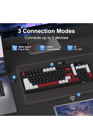 Magegee Gk960 Tri-mode Rgb Membran Siyah-bordo Gaming Klavye