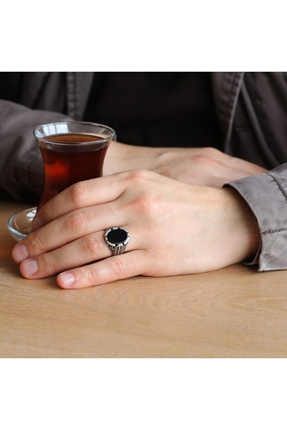 925 Ayar Gümüş Bombeli Siyah Oniks Taşlı Erkek Yüzük (429371720)