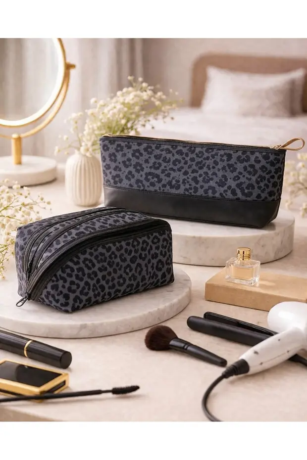 Lüx Premium Büyük Boy Makyaj Çantası I Premium Leopar Saç Şekillendirici Çantası 2 Li Kombin Set