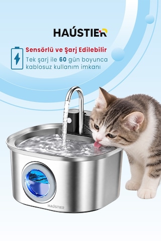 Pwl010 Otomatik Kablosuz Kedi Su Pınarı, Sensörlü , Bataryalı , Ultra Sessiz, Çelik , 3.2lt Hazne