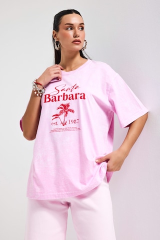 Itsbasic Kadın Pembe S6-98 Oversize Santa Barbara Baskılı %100 Koton T-shirt