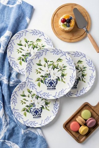 Grandora Vazo Ve Çiçek Desenli 6 Adet, 20 Cm Modern Pasta Tatlı Tabağı Seti Şık Kahvaltılık Tabak Beyaz Çiçekli