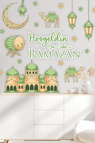 Hoşgeldin Ya Şehr-i Ramazan Yeşil Tonlarda Cami Hilal Develerden Oluşan Cam Duvar Sticker Seti Ramazan Süsleri Seti Çok Renkli