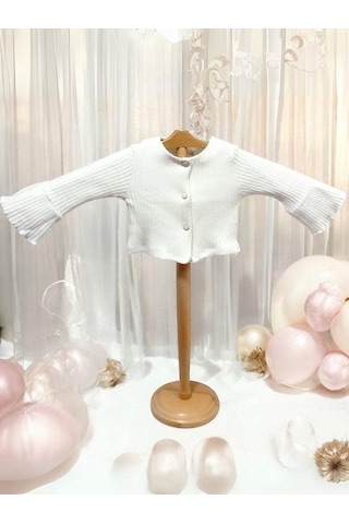 Kız Çocuk Kolları İspanyol Kol Düğmeli Hırka-15214 Ekru