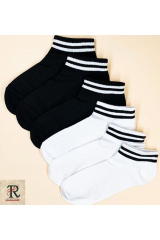 Trampler Unisex 6'lı Kısa Çemberli Kolej Patik Siyah Beyaz Çorap Siyah Beyaz